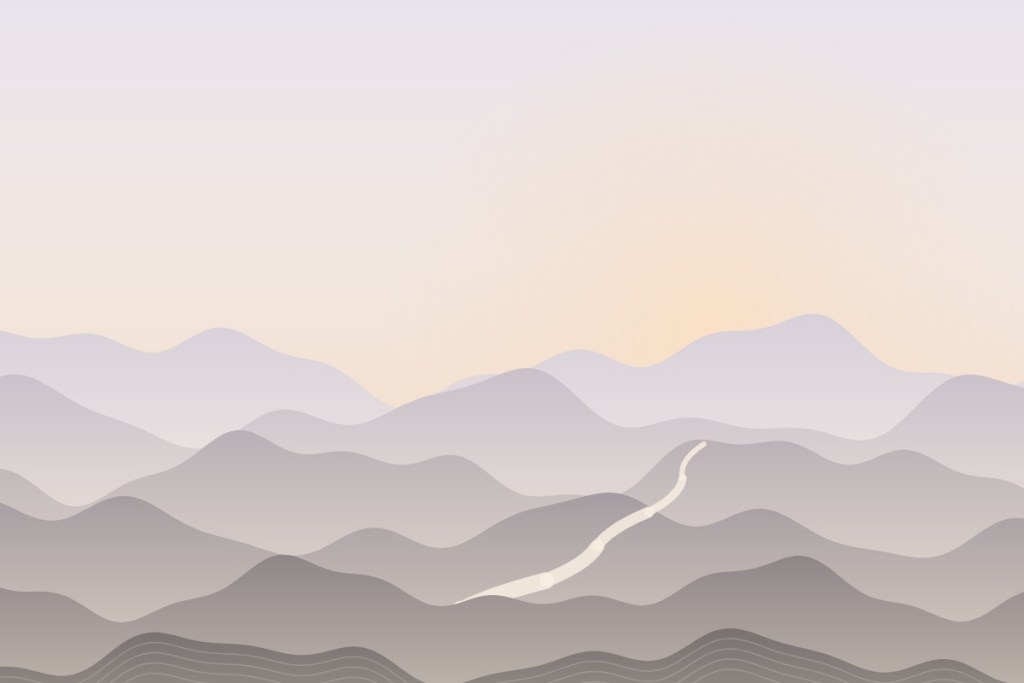 Rolling hills at dawn, with a path winding toward the light